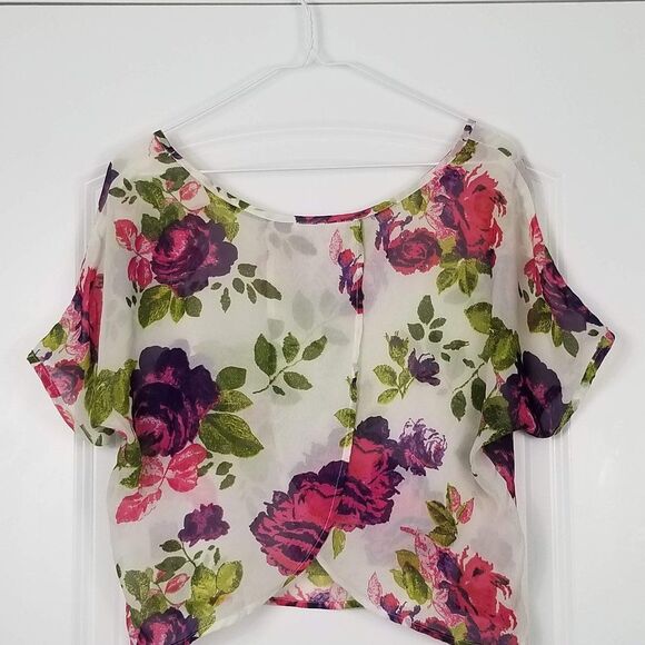 BLACK Poppy Boho Sheer Floral Printed Crop Top - Picture 7 of 9